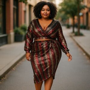 Multicolor Asymmetrical Stripe Sequin Skirt Set
New